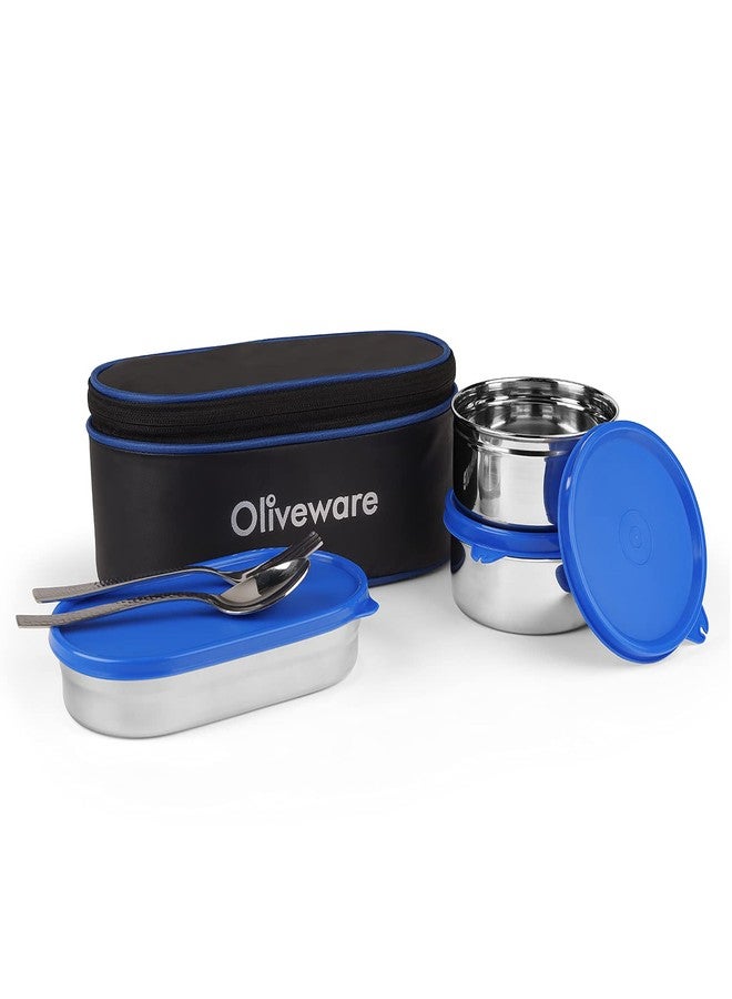 SOPL-OLIVEWARE علبة غداء صوفيا من أوليفوير، مع ملعقة وشوكة، مانعة للتسرب بنسبة 100%، 3 حاويات من الفولاذ المقاوم للصدأ بأغطية خالية من مادة BPA (550 مل، 350 مل، 350 مل)، حقيبة قماشية - أزرق - Image 1